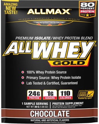 AllWhey Gold, 100% Whey Protein + Premium Whey Protein Isolate, Chocolate, 1.06 oz (30 g) by ALLMAX Nutrition-Sport, Kosttillskott, Vassleprotein