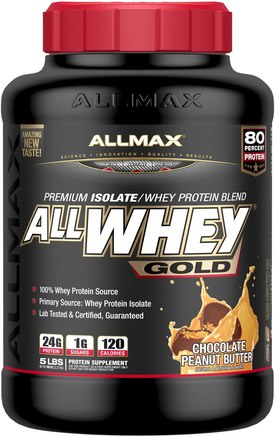 AllWhey Gold, 100% Whey Protein + Premium Whey Protein Isolate, Chocolate Peanut Butter, 5 lbs. (2.27 kg) by ALLMAX Nutrition-Kosttillskott, Vassleprotein, Sport