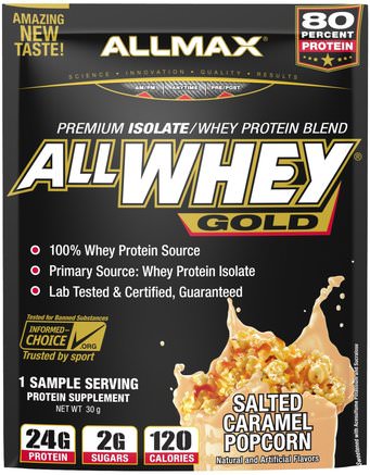 AllWhey Gold, 100% Whey Protein + Premium Whey Protein Isolate, Salted Caramel Popcorn, Trial Size, 30 g by ALLMAX Nutrition-Sport, Kosttillskott, Vassleprotein