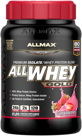 AllWhey Gold, 100% Whey Protein + Premium Whey Protein Isolate, Strawberry, 2 lbs (907 g) by ALLMAX Nutrition-Kosttillskott, Vassleprotein, Sport