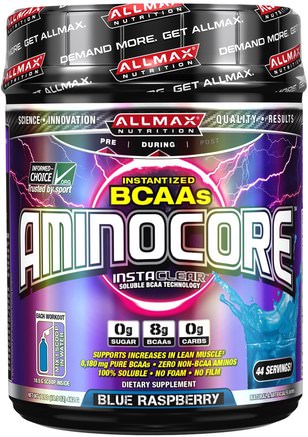 Aminocore, BCAA Max Strength, 8G Branched Chain Amino Acid, Gluten Free, Blue Raspberry, 1 lbs. (462 g) by ALLMAX Nutrition-Sporter