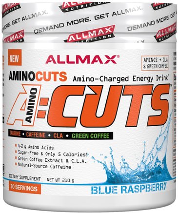 AMINOCUTS (ACUTS), BCAA + Taurine + CLA + Green Coffee, Blue Raspberry, 7.4 oz (210 g) by ALLMAX Nutrition-Hälsa, Energi, Sport