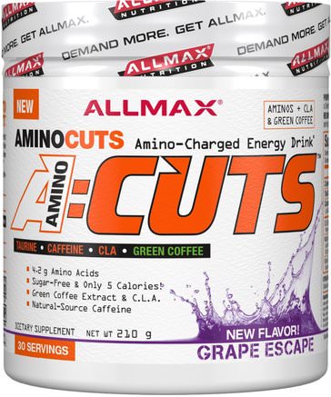 AMINOCUTS (ACUTS), BCAA + Taurine + CLA + Green Coffee, Grape Escape, 210 g by ALLMAX Nutrition-Sporter