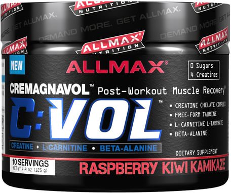 C:VOL, Professional-Grade Creatine + Taurine + L-Carnitine Complex, Raspberry Kiwi Kamikaze, 4.4 oz (125 g) by ALLMAX Nutrition-Sporter