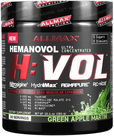H:VOL, Nitric Oxide Pre-Workout + Vascular Blood Volumizer, Green Apple Martini, 10.1 oz (285 g) by ALLMAX Nutrition-Sport, Kväveoxid