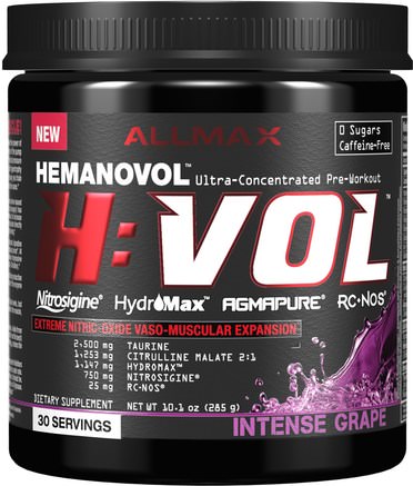 H:VOL, Nitric Oxide Pre-Workout + Vascular Blood Volumizer Intense Grape, 10.1 oz (285 g) by ALLMAX Nutrition-Sport, Sport