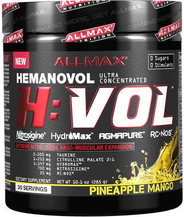 H:VOL, Nitric Oxide Pre-Workout + Vascular Blood Volumizer, Pineapple Mango, 10.1 oz (285 g) by ALLMAX Nutrition-Sport, Kväveoxid