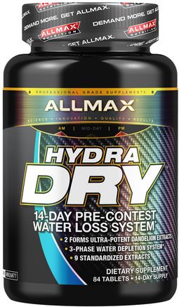 HydraDry, Ultra-Potent Diuretic + Electrolyte Stabilizer, 84 Tablets by ALLMAX Nutrition-Kosttillskott, Diuretika Vattenpiller, Sport