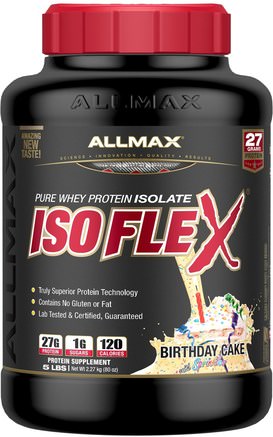 Isoflex, 100% Ultra-Pure Whey Protein Isolate (WPI Ion-Charged Particle Filtration), Birthday Cake, 5 lbs (2.27 kg) by ALLMAX Nutrition-Sporter