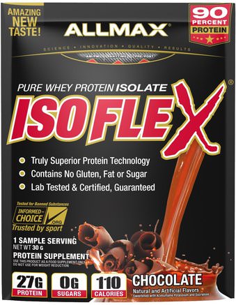 Isoflex, 100% Ultra-Pure Whey Protein Isolate (WPI Ion-Charged Particle Filtration), Chocolate, 1 Sample Serving, 1.06 oz (30 g) by ALLMAX Nutrition-Sport, Kosttillskott, Vassleprotein