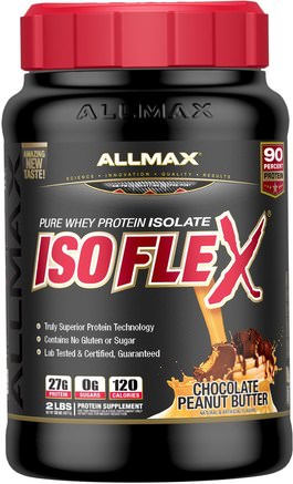 Isoflex, 100% Ultra-Pure Whey Protein Isolate (WPI Ion-Charged Particle Filtration), Chocolate Peanut Butter, 2 lbs (907 g) by ALLMAX Nutrition-Sporter