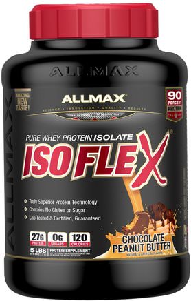 Isoflex, 100% Ultra-Pure Whey Protein Isolate (WPI Ion-Charged Particle Filtration), Chocolate Peanut Butter, 5 lbs (2.27 kg) by ALLMAX Nutrition-Sporter