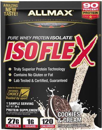 Isoflex, 100% Ultra-Pure Whey Protein Isolate (WPI Ion-Charged Particle Filtration), Cookies & Cream, 1 Sample Serving, 1.06 oz (30 g) by ALLMAX Nutrition-Sport, Kosttillskott, Vassleprotein