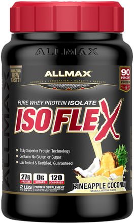 Isoflex, 100% Ultra-Pure Whey Protein Isolate (WPI Ion-Charged Particle Filtration), Pineapple Coconut, 2 lbs (907 g) by ALLMAX Nutrition-Sporter