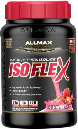 Isoflex, 100% Ultra-Pure Whey Protein Isolate (WPI Ion-Charged Particle Filtration), Strawberry, 2 lbs. (907 g) by ALLMAX Nutrition-Sporter