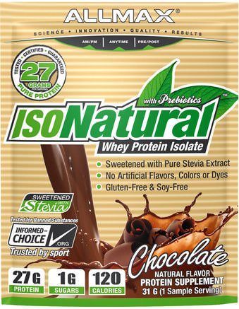 IsoNatural, 100% Ultra-Pure Natural Whey Protein Isolate (WPI90), Chocolate, 31 g by ALLMAX Nutrition-Sport, Kosttillskott, Vassleprotein