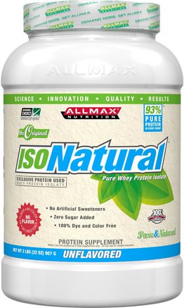 IsoNatural, 100% Ultra-Pure Natural Whey Protein Isolate (WPI90), The Original, Unflavored, 2 lbs (907 g) by ALLMAX Nutrition-Kosttillskott, Vassleprotein, Sport
