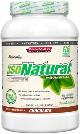 IsoNatural, Whey Protein Isolate, Chocolate, 2 lbs (907 g) by ALLMAX Nutrition-Kosttillskott, Vassleprotein, Sport