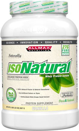 IsoNatural, Whey Protein Isolate, Vanilla, 2 lbs (907 g) by ALLMAX Nutrition-Kosttillskott, Vassleprotein, Sport