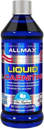 L-Carnitine Liquid + Vitamin B5, Blue Raspberry Flavor, 16 oz (473 ml) by ALLMAX Nutrition-Kosttillskott, Aminosyror, Sport, L Karnitinvätska