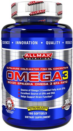 Omega 3, Ultra-Pure Cold-Water Fish Oil Concentrate, 180 Softgels by ALLMAX Nutrition-Kosttillskott, Efa Omega 3 6 9 (Epa Dha), Sport, Dha, Epa