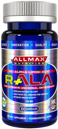 R+Alpha Lipoic Acid (Max Potency R+ALA), 150 mg, 60 Capsules by ALLMAX Nutrition-Kosttillskott, Antioxidanter, Sport, Alfa Lipoic Acid 150 Mg