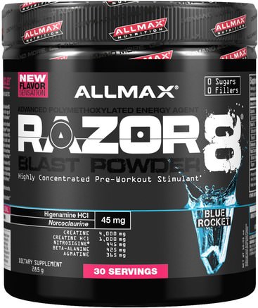 Razor 8, Pre-Workout Energy Drink with Yohimbine, Blue Rocket, 10.05 oz (285 g) by ALLMAX Nutrition-Sporter