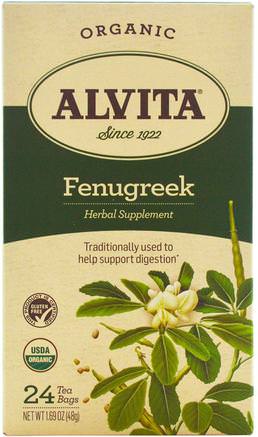 Organic Fenugreek Tea, Caffeine Free, 24 Tea Bags, 1.69 oz (48 g) by Alvita Teas-Hälsa, Blodsockerstöd, Fenegreek