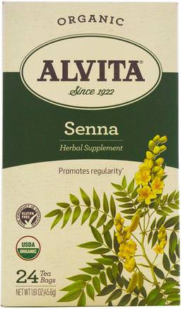 Organic Senna Tea, Caffeine Free, 24 Tea Bags, 1.61 oz (45.6 g) by Alvita Teas-Örter, Senna Lämnar