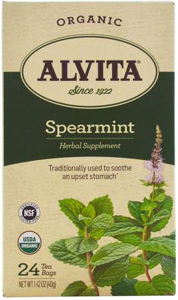 Organic Spearmint Tea, Caffeine Free, 24 Tea Bags, 1.42 oz (40 g) by Alvita Teas-Örter, Spearmint