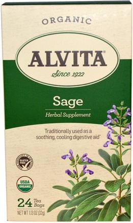 Sage, Organic Caffeine Free, 24 Tea Bags, 1.13 oz (32 g) by Alvita Teas-Örter, Salvia Bladte