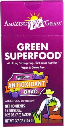 Green Superfood, Antioxidant Acai Berry Drink Powder, 15 Individual Packets, 0.25 oz (7 g) Each by Amazing Grass-Kosttillskott, Superfoods