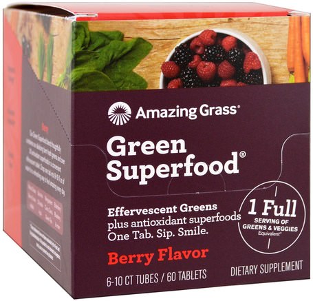 Green Superfood, Effervescent Greens, Berry Flavor, 6 Tubes, 10 Tablets Each by Amazing Grass-Kosttillskott, Superfoods