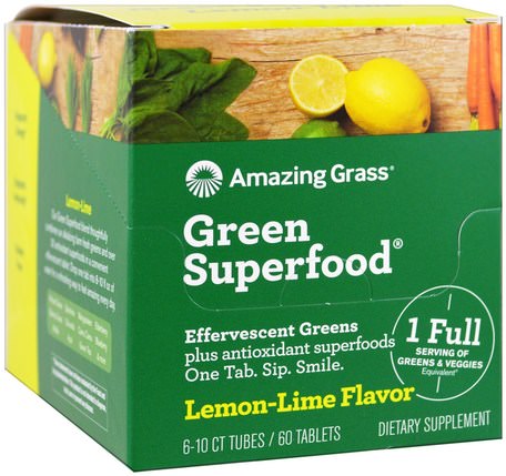 Green Superfood, Effervescent Greens, Lemon-Lime Flavor, 6 Tubes, 10 Tablets Each by Amazing Grass-Kosttillskott, Superfoods, Greener
