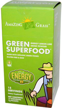 Green Superfood, Energy Lemon Lime Drink Powder, 15 Individual Packets, 7 g Each by Amazing Grass-Hälsa, Energidrycker Mix, Kosttillskott, Superfoods, Greener