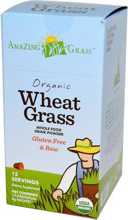 Organic Wheat Grass, Whole Food Drink Powder, 15 Individual Packets, 8 g Each by Amazing Grass-Kosttillskott, Superfoods, Vete Gräs