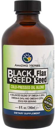Black Seed, Flax Seed, Cold-Pressed Oil Blend, 8 fl. oz (240 ml) by Amazing Herbs-Örter, Svartfrö, Efa Omega 3 6 9 (Epa Dha), Linfröolja