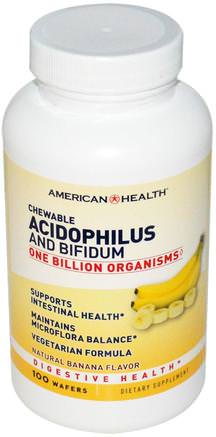 Chewable Acidophilus and Bifidum, Natural Banana Flavor, 100 Wafers by American Health-Kosttillskott, Probiotika, Bifidus