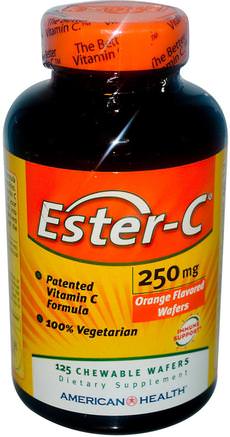 Ester-C, Orange Flavor, 250 mg, 125 Chewable Wafers by American Health-Vitaminer, Vitamin C, C-Vitamin Tuggbar