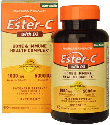 Ester-C with D3, Bone and Immune Health Complex, 1000 mg/5000 IU, 60 Veggie Tabs by American Health-Vitaminer, Vitamin C, Vitamin D3