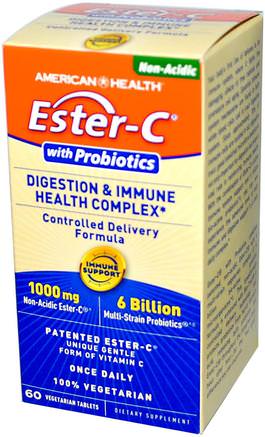 Ester-C, with Probiotics, Digestion & Immune Health Complex, 60 Veggie Tabs by American Health-Vitaminer, Vitamin C, Kosttillskott, Probiotika, Stabiliserade Probiotika