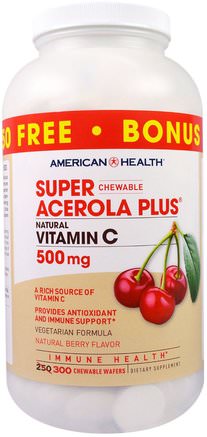 Super Chewable Acerola Plus, Natural Berry Flavor, 500 mg, 300 Chewable Wafers by American Health-Vitaminer, Vitamin C, Vitamin C Tuggbar, Vitamin C Acerola