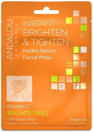 Instant Brighten & Tighten, Hydro Serum Facial Mask, Brightening, 1 Single Use Fiber Sheet Mask.6 fl oz (18 ml) by Andalou Naturals-Skönhet, Ansiktsmasker, Arkmaskar, Vitamin C