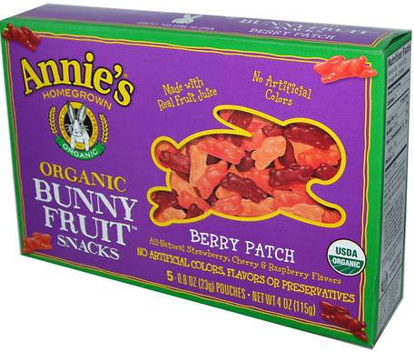 Organic Bunny Fruit Snacks, Berry Patch, 5 Pouches, 0.8 oz (23 g) Each by Annies Homegrown-Mat, Mellanmål, Godis