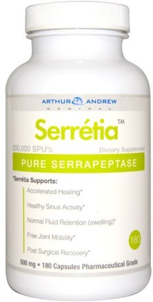 Serretia, Pure Serrapeptase, 500 mg, 180 Capsules by Arthur Andrew Medical-Kosttillskott, Enzymer, Arthur Andrew Medicinsk Serreti, Serrapeptas