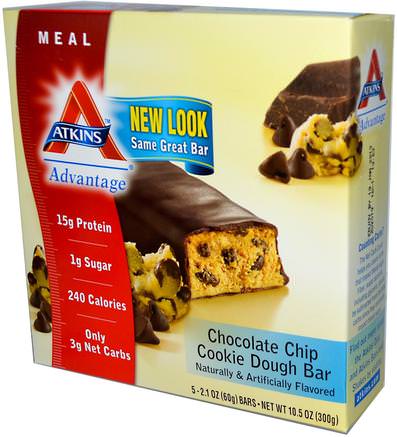 Advantage, Chocolate Chip Cookie Dough Bar, 5 Bars, 2.1 oz (60 g) Each by Atkins-Mat, Snacks, Friska Snacks, Diet