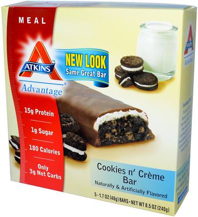Advantage, Cookies n Creme Bar, 5 Bars, 1.7 oz (48 g) Each by Atkins-Kosttillskott, Näringsmässiga Barer, Diet