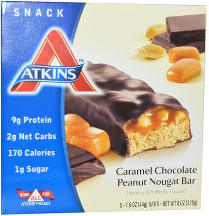 Caramel Chocolate Peanut Nougat Bar, 5 Bars, 1.6 oz (44 g) Each by Atkins-Kosttillskott, Näringsmässiga Barer, Diet