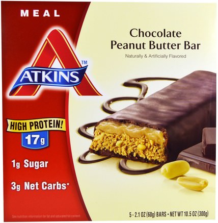 Chocolate Peanut Butter Bar, 5 Bars, 2.1 oz (60 g) Each by Atkins-Kosttillskott, Näringsmässiga Barer, Diet