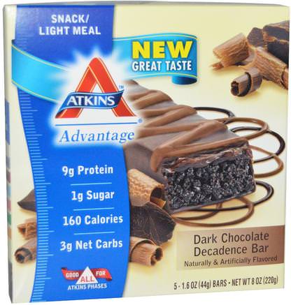 Dark Chocolate Decadence Bar, 5 Bars, 1.6 oz (44 g) Per Bar by Atkins-Kosttillskott, Näringsmässiga Barer, Diet
